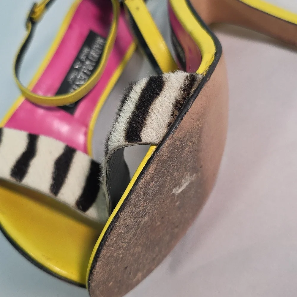 Mario Valentino Italy Zebra Print Calf Hair & Lime Green Leather Heel Sandals